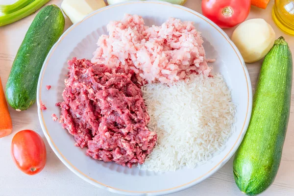 Beef and pork mince, rice and vegetables for making Albondigas, Mexican soup with meatballs — Stock Image Beef Pork Mince Rice Vegetables Making Albondigas Mexican Soup Meatballs Stock Image