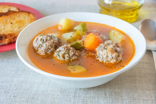 Mexican vegetable soup with meatballs Albondigas in a plate close-up. — Stock Image Mexican Vegetable Soup Meatballs Albondigas Plate Close Stock Photo