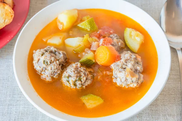 Mexican vegetable soup with meatballs Albondigas in a plate close-up. — Stock Image Mexican Vegetable Soup Meatballs Albondigas Plate Close Stock Image