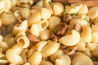 Mantarlı makarna bir tavada pişirilir, İtalyan mutfağında.