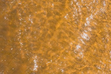 Kristal berrak suyun altındaki sarı kumlu taban, çevre dostu tatil kavramı.