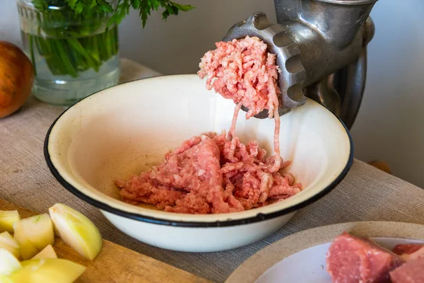 Mincer Mixed Chicken Pork Mince Rustic Background — Stock Photo, Image