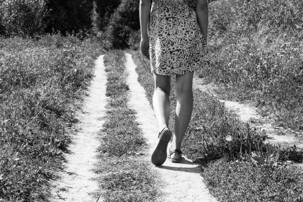 Kırsalda Patikada Yürüyen Elbiseli Bir Kız — Stok fotoğraf