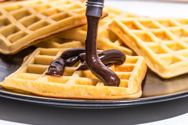 Belgian Homemade Waffles Chocolate Sauce Black Plate — Stock Photo, Image