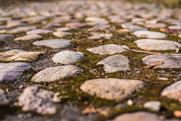 Ancient cobblestone road in close-up