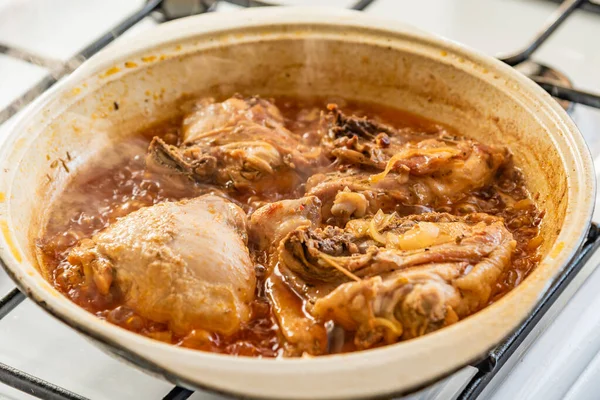 Chicken Stew Pan Onions Tomato Paste Close — Stock Photo, Image