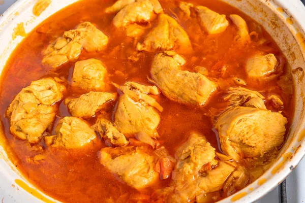 Cottura Del Curry Pollo Curry Una Padella Primo Piano — Foto Stock