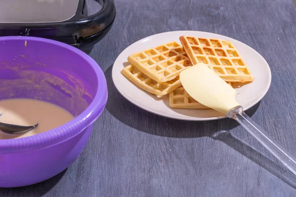 Freshly Made Belgian Homemade Waffles Plate Bowl Dough Dark Table — Stock Photo, Image