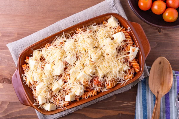 Cooking Baked Pasta Fusilli Mozzarella Tomato Pan Baking — Stock Photo, Image