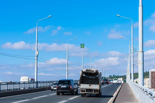 Russia, Saratov, September 21, 2018, Saratov Bridge - Reverse traffic on the bridge