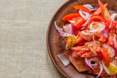 Domatesli vejetaryen salatası ve liana masa örtüsünde kırmızı soğan - fotokopi alanı, yakın çekim