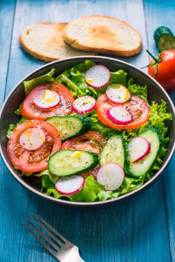 Salatalı, domatesli, salatalıklı ve turplu diyet salatası.