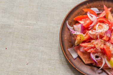 Domatesli vejetaryen salatası ve liana masa örtüsünde kırmızı soğan - fotokopi alanı, yakın çekim