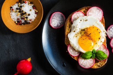 Sağlıklı organik sandviç, sahanda yumurta, turp, fesleğen ve siyah arka planda baharat.