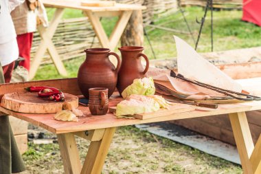 Piknikte açık havada yemek yapmak için bir masa - jöleli sürahiler, sebzeler ve masada pişirme ürünleri