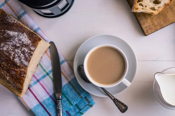 Gesundes Frühstück Auf Dem Land Eine Tasse Kaffee Mit Milch — Stockfoto