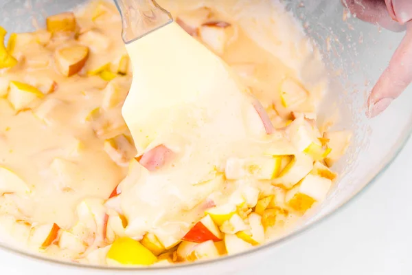 Woman Mixes Apples Raw Dough Apple Cake — Stock Photo, Image