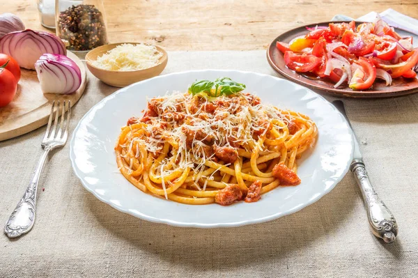 Pasta Amatratciana Parmesan Cheese Basil Elaf White Plate — Stock Photo, Image