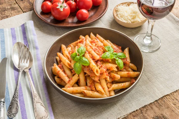 Pasta All Arrabbiata Penne Tomato Sauce Basil Parmesan Cheese Red — Stock Photo, Image