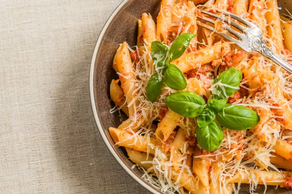 Pasta Allarrabbiata Traditional Italian Dish Penne Tomato Sauce Basil Rustic — 스톡 사진