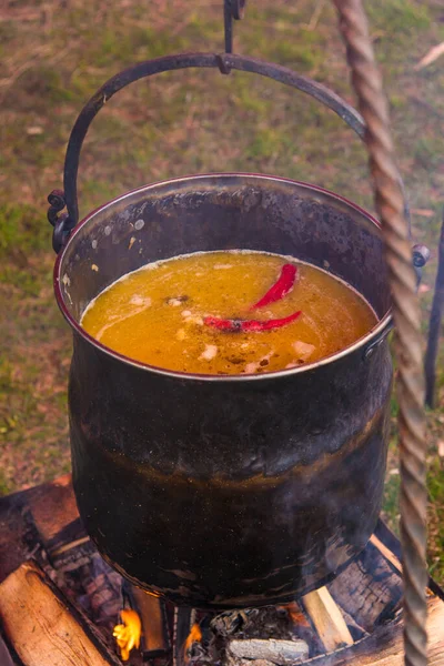 Soup Spicy Pepper Cooked Cauldron Open Fire — Stock Photo, Image