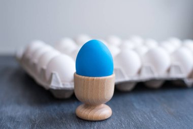 Bir mavi yumurta ve yumurtalı bir karton kutu.