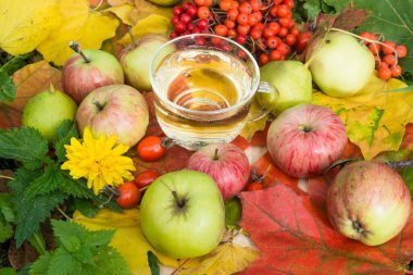 Sonbahar yaprakları ve olgun elmaların arka planında ev yapımı elma şarabı.
