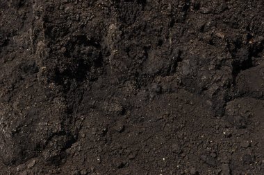 Arka planda çiftlikte gübre yetiştirmek için gübre içeren karanlık verimli toprak.