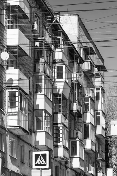 Saratov, Russia, March 14, 2019: Balconies on the facade of a 20th century building - Russian provincial architecture