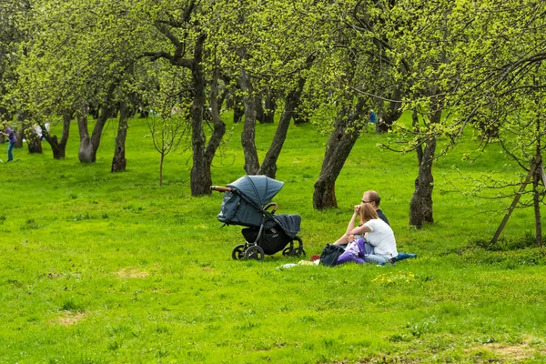 ロシア モスクワ コロマンスコエ公園の復活の庭 5月2 2018 春の庭で休んでいる車椅子の子供を持つ若い家族 — ストック写真