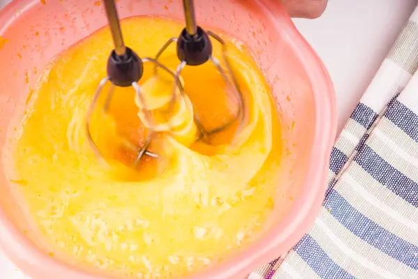 Mixer Whip Egg Yolk Sugar Close — Stock Photo, Image