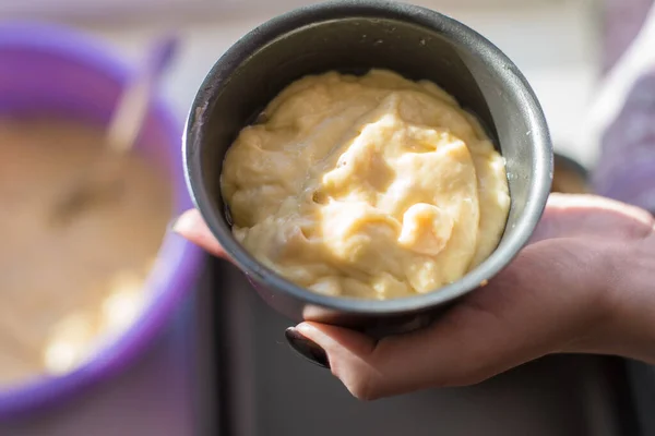 Woman Puts Dough Baking Dish Natural Light — Stock Photo, Image