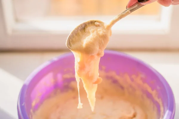 Bowl Cupcake Dough Large Bowl Windowsill Spoon — Stock Photo, Image