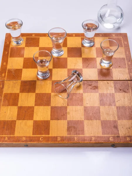 Glasses Vodka Chessboard Alcoholism Concept — Stock Photo, Image