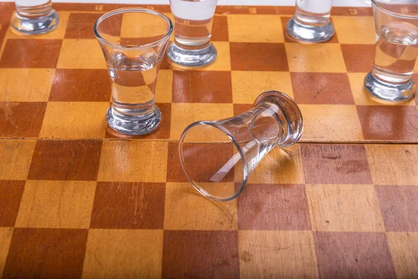 Glasses Vodka Chessboard Alcoholism Concept — Stock Photo, Image