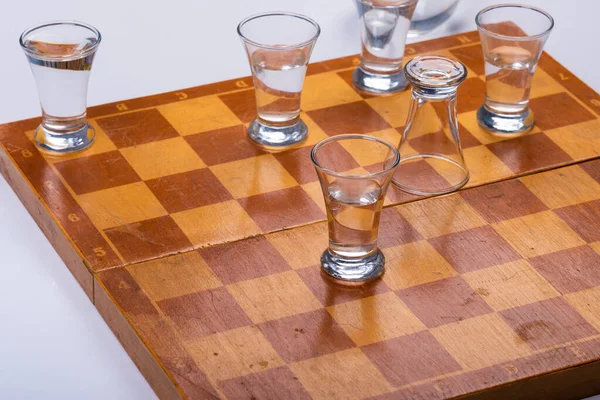 Glasses Vodka Chessboard Game Alcoholism Concept — Stock Photo, Image