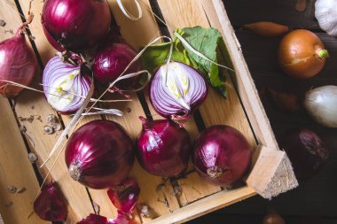 Taze kırmızı soğan ampul ahşap çiftçiler kutusunda hasat