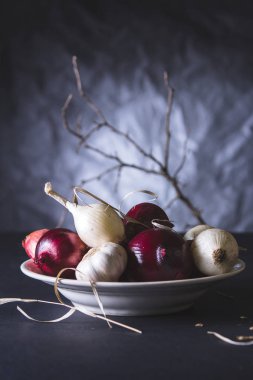 Plaka siyah tablo üzerinde kırmızı ve beyaz soğan ampuller