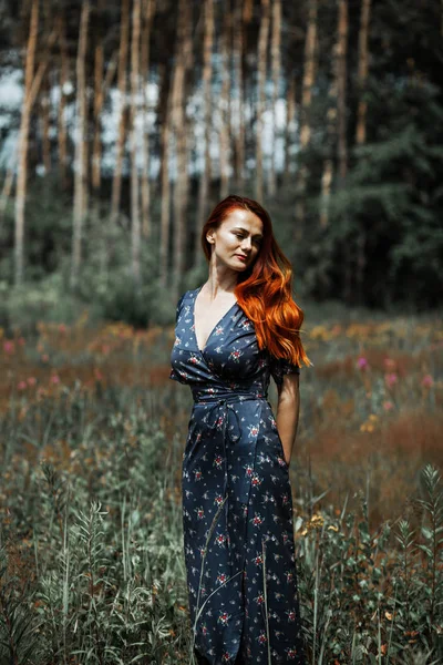 赤い髪の美しいロマンチックな女性 花畑の夏の肖像画 — ストック写真