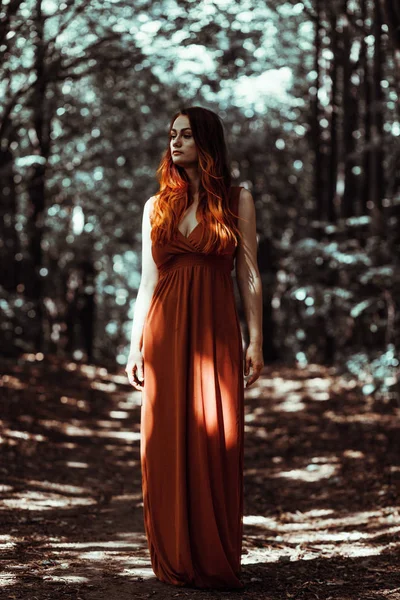 Ormanın arka planında kızıl saçlı güzel romantik bir kadın.