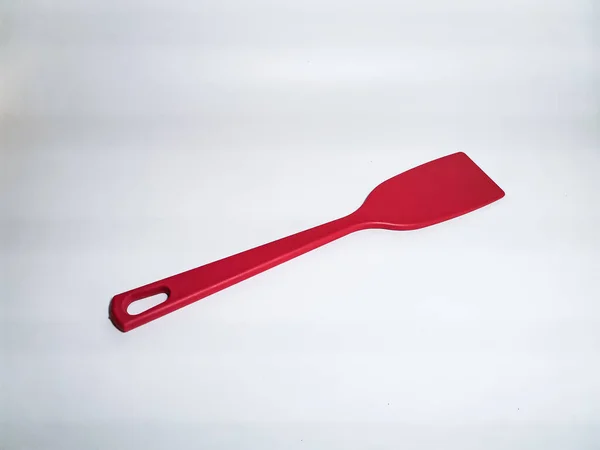 Des Ustensiles Cuisine Spatule Cuisine Plastique Rouge Sur Fond Blanc — Photo