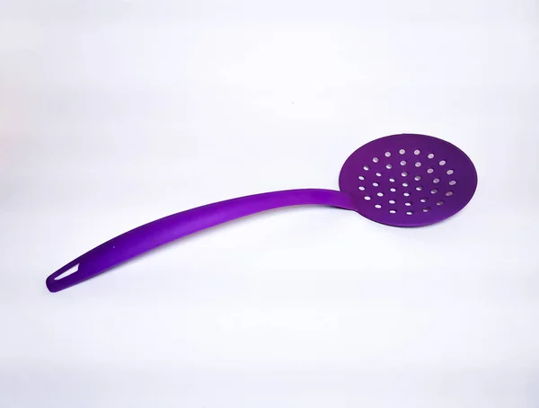 Kitchen Utensils Violet Plastic Slotted Spoon White Background — Stock Photo, Image