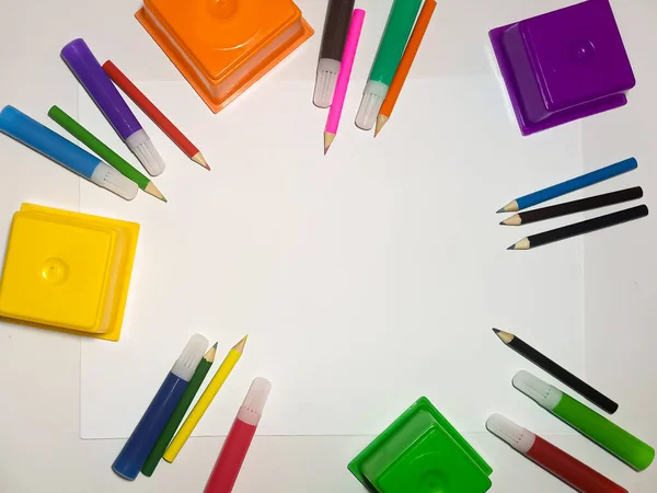 Cadre Pour Votre Texte Feuille Blanche Papier Avec Crayons Dessiner — Photo