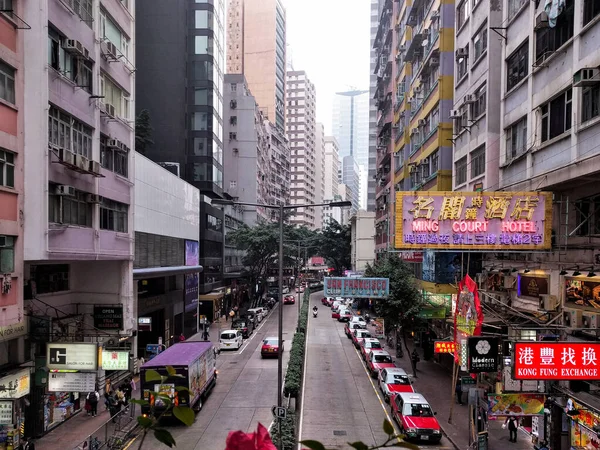 Вид Одну Улиц Района Ван Чай Гонконге Городское Такси Автобусы — стоковое фото