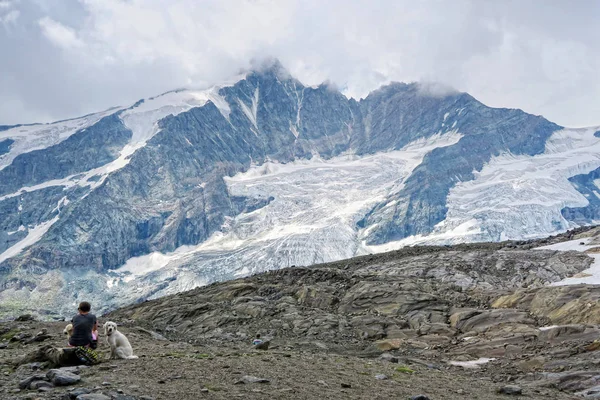 Mujer y perros sentados en el camino a Grossglockner Mountain y Pa —  Fotos de Stock