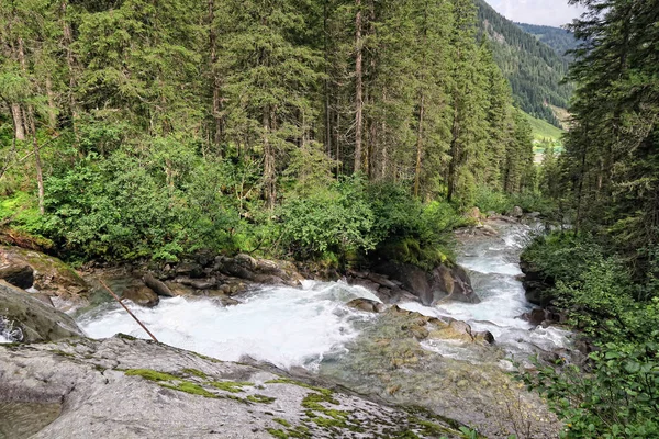 Gerlos riving fluye a través del bosque de pinos en los alpes europeos / — Foto de Stock