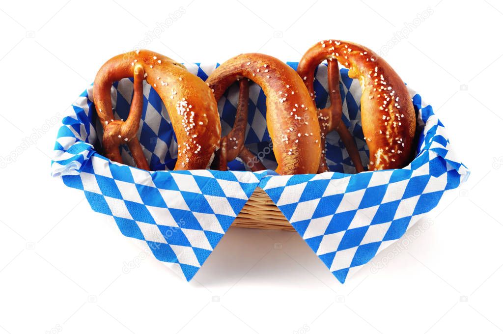 basket of bavarian pretzel with blue white napkin