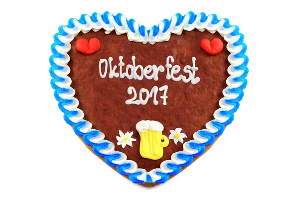 Oktoberfest Gingerbread heart 2017 on white isolated background — Stock Photo, Image