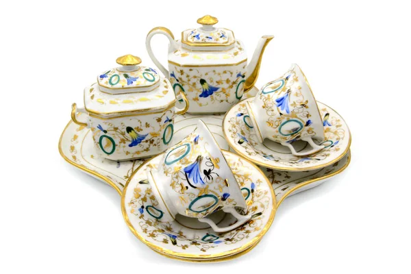 Antique Biedermeier Time porcelain set with sugar box, cups and — Stock Photo, Image