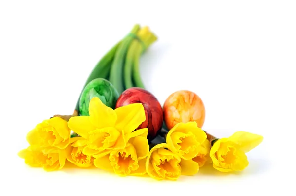Bunch fresh daffodil with easter eggs on white isolated backgrou — Stock Photo, Image